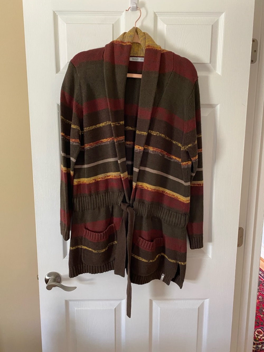 Woolrich Belted Cardigan Sweater XL Striped Shawl Collar
